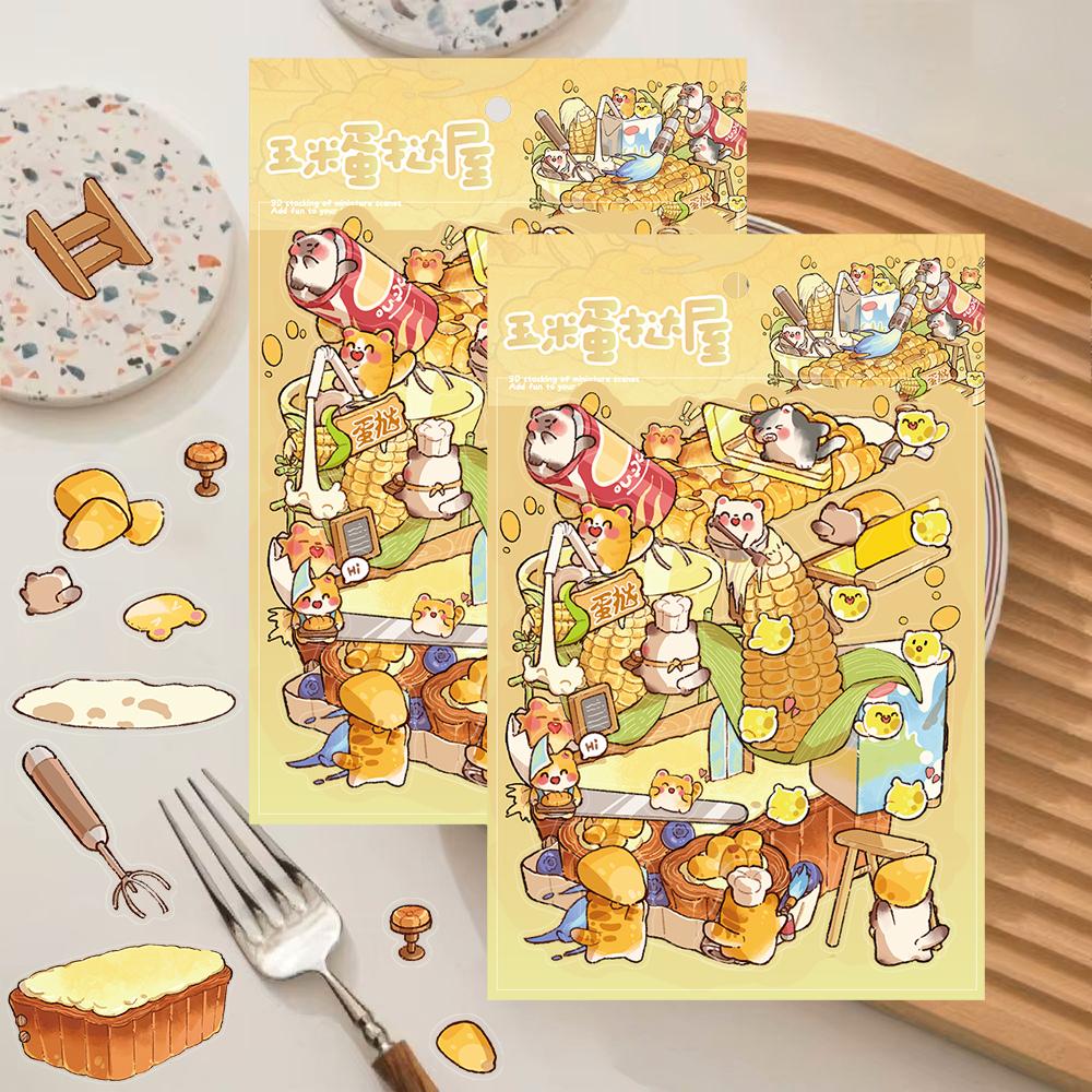 4PCS Corn Egg Tart House Landscaping Sticker Nostalgia Fashion Stationery Living Room Home DIY Decompression Puzzle Stickers