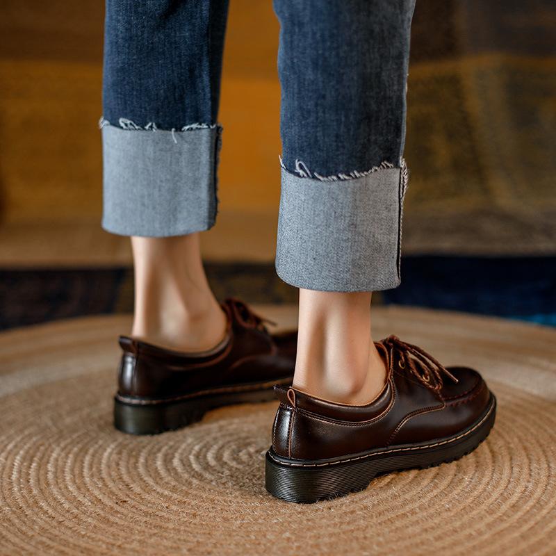 British Style Lace-Up Small Leather Shoes Women'S Versatile Platform Loafers College Retro Round Head Thick Heel Single Shoes