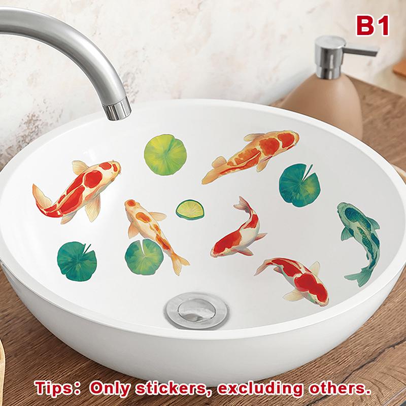 Lucky Koi And Floral Washbasin Sticker Self-Adhesive Waterproof Removable Bathroom Sticker, Wall Bathroom Sink Decal Home Decor