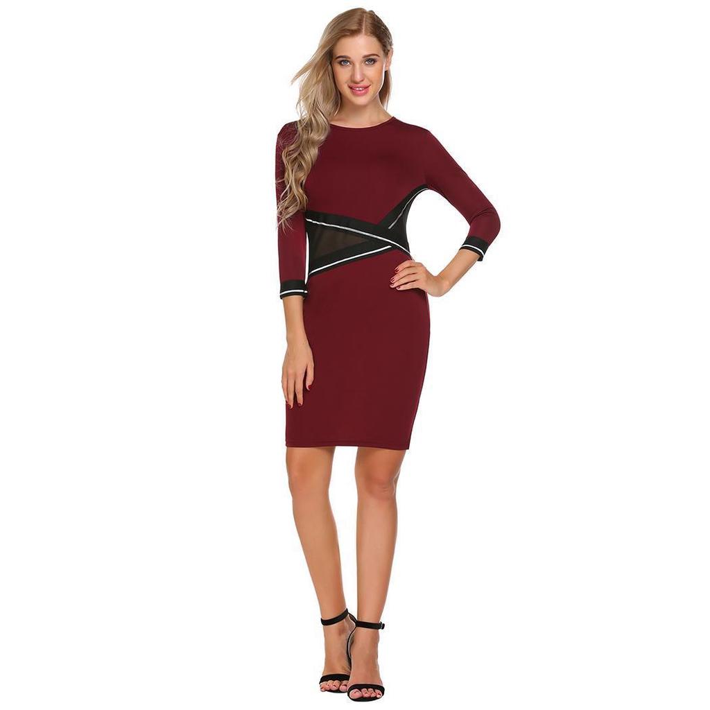 Buy Women 3/4 Sleeve Patchwork O Neck Colorblock Wear To Work Cocktail Party Bodycon Pencil