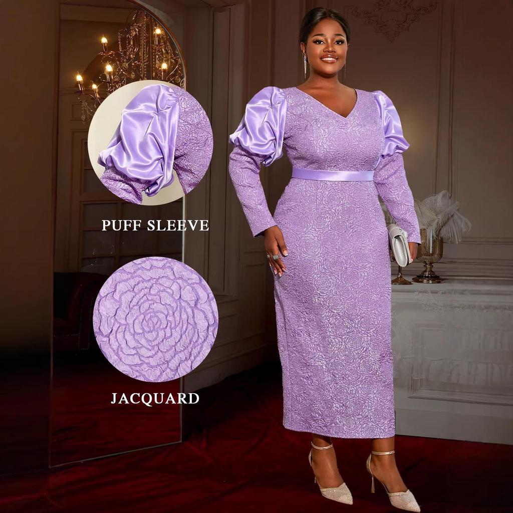 Plus Size Elegant Light Purple Jacquard Puff Sleeve Long Formal Dress.