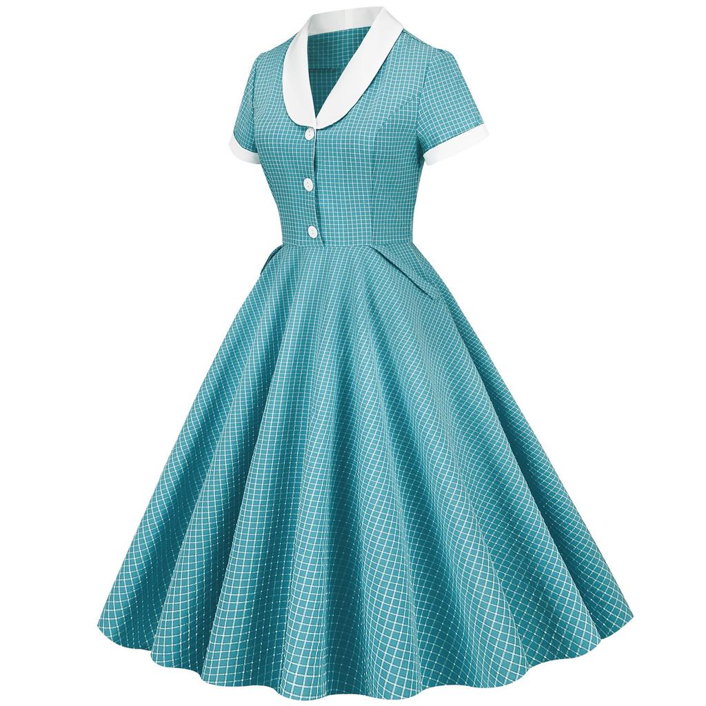 Hepburn style retro plaid skirt, court waist light dress, contrasting colors, understanding performance clothes, large pendulum medium and long dress