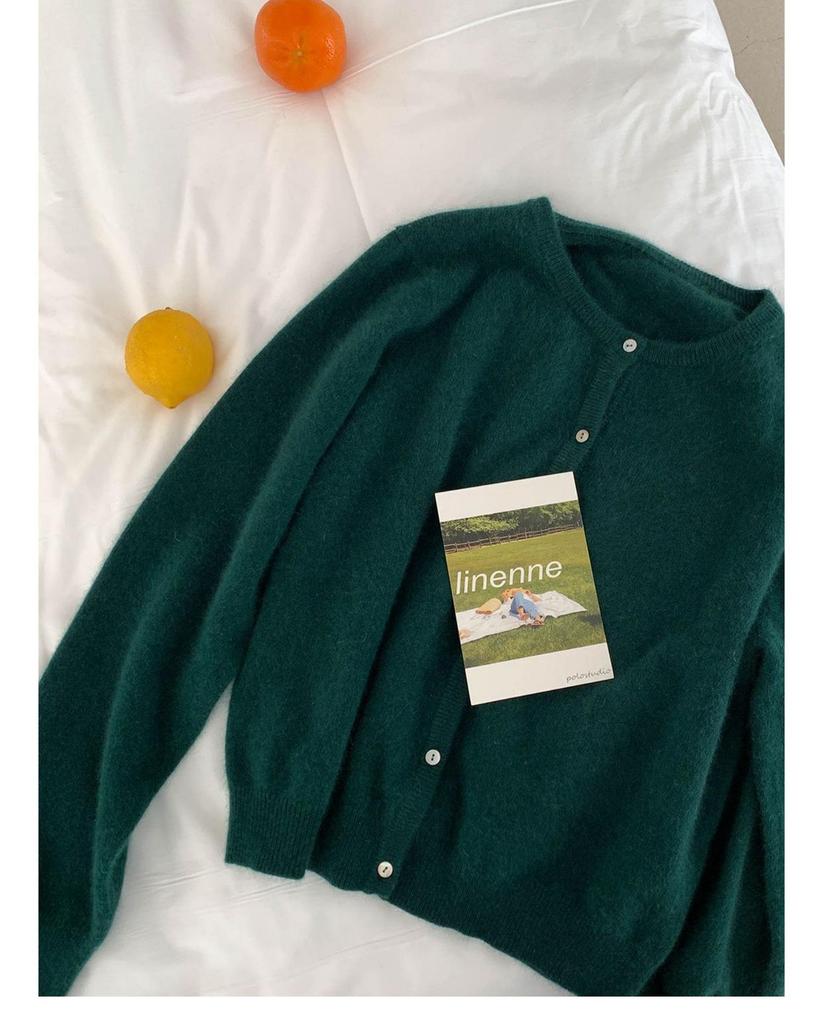Women's Mustard Green Raccoon Fur Knit Cardigan - Soft, Fluffy Autumn Outerwear, Round Neck Sweater Coat for a Refined Look.