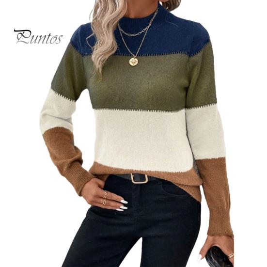 Crew Neck Women Sweater Knitting Tops Round Long Sleeve Color Blocked Knitted Tummy Cover Pullover Loose Hem H-Shaped Warm Casual Daily Wear H-shaped