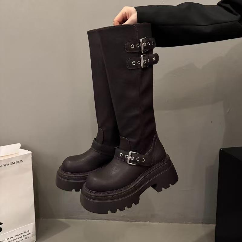 Retro French black platform boots, new autumn small new products, thin and heightened knight boots
