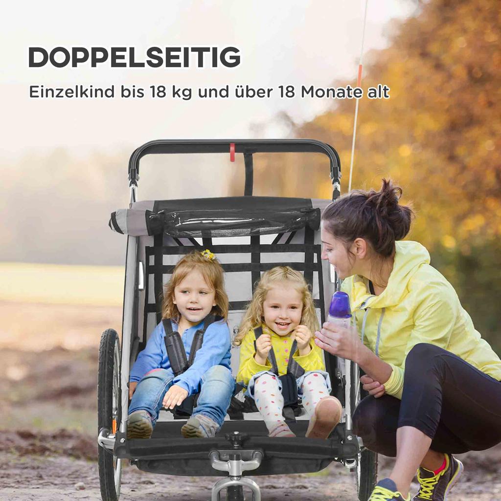 Carrellino per Bici da Bambino, Passeggino, con Freni, Pieghevole, per 2 Bambini, Grigio/Nero