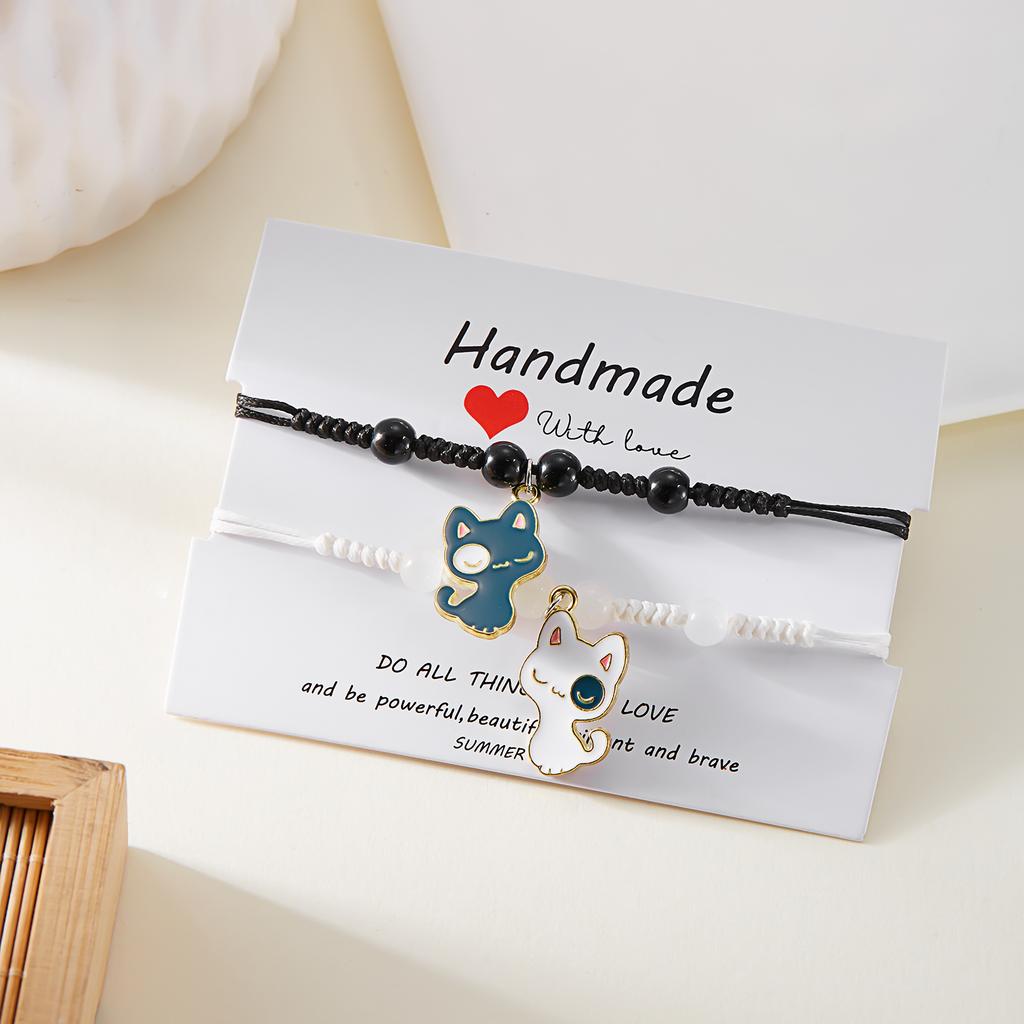 Cute Black White Cat Couple Bracelet for Women Men Handmade Braided Rope Adjustable Matching Bracelets Friendship Jewelry Gift