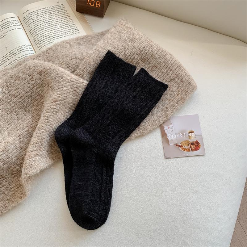 Children'S Wool Socks, Thickened Warm Rhombus Cream Solid Color Medium Tube Socks