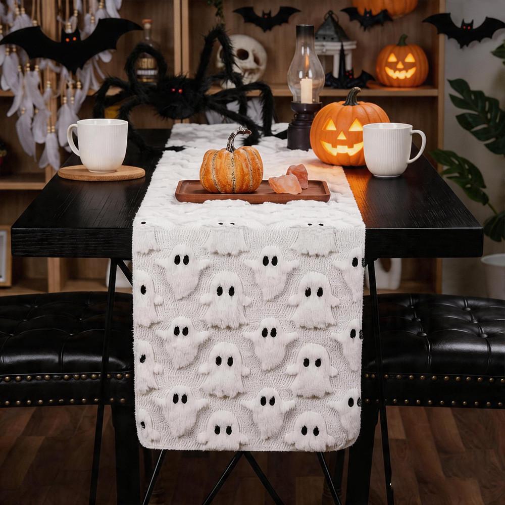 Polyester Halloween Table Runner With Embroidered Ghosts And Pumpkins For Party Decor