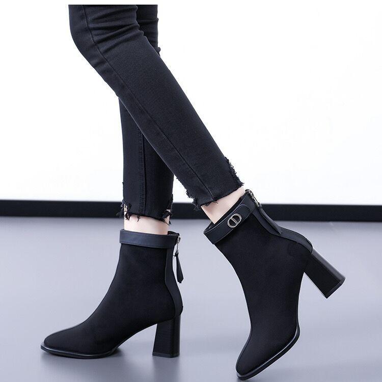 Weiche Lederstiefeletten mit mittlerem Absatz Herbst und Winter neu dicker Absatz matte Stiefel Französisch retro dünne Stiefel Wildleder Mode Stiefel Damen