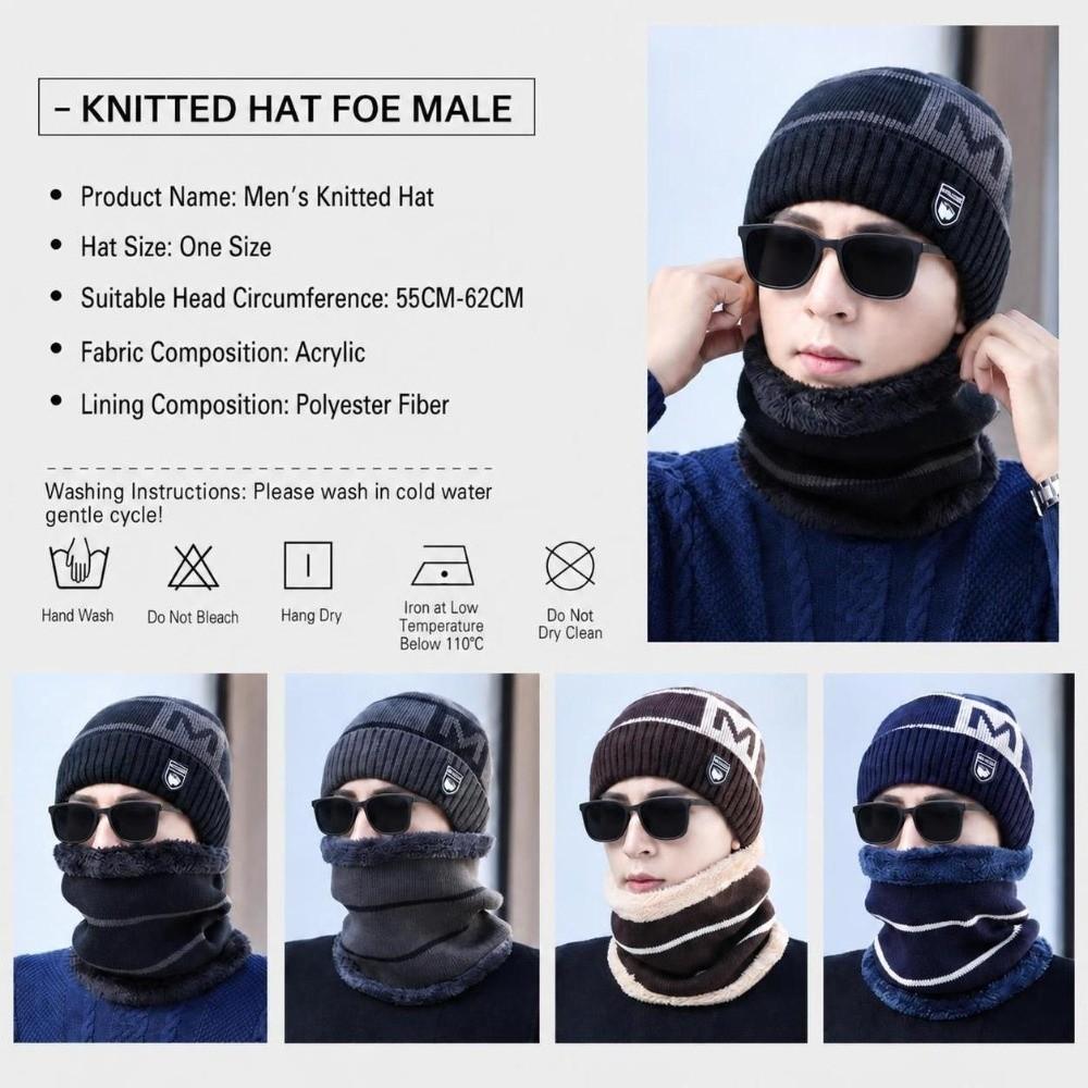 Plush Lined Knitted Beanie Set Windproof Winter Knit Headwear Set Cozy Neck Warmer Set  For Men