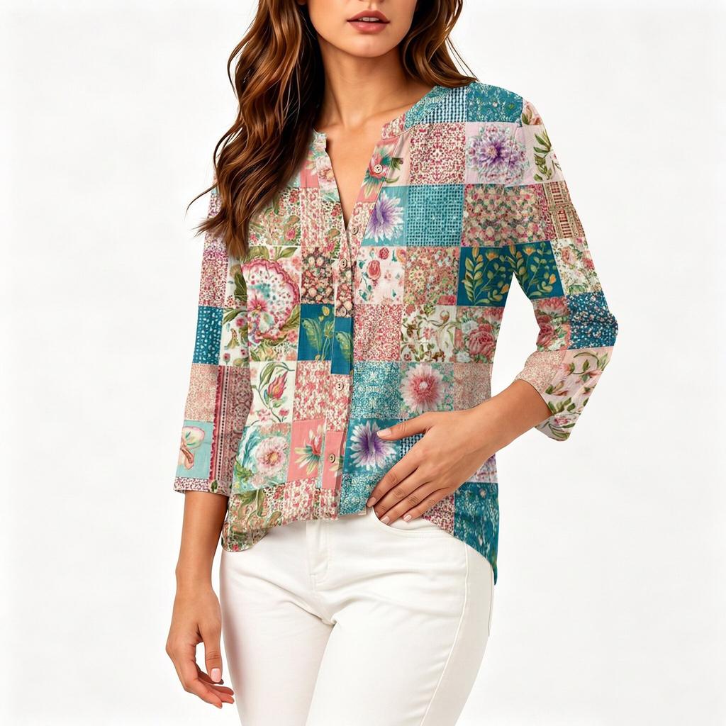 Women's Vintage Floral Print Patchwork Henley Collar Button Down 3/4 Sleeve Cotton Linen Shirt Casual Loose Fit Blouse