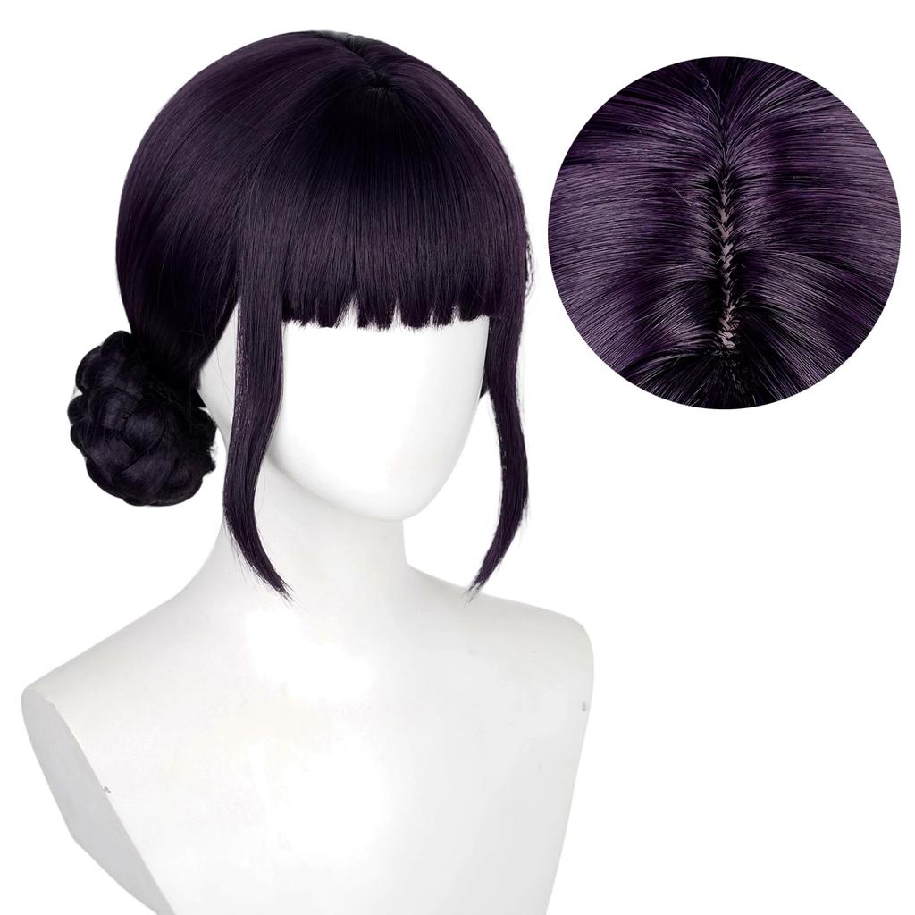 Dark Purple Neat Bangs Long Hair Short Curly Hair Bun Synthetic Short Hair Wig | Animation KPop Demon Hunters Figure Zoe Cosplay
