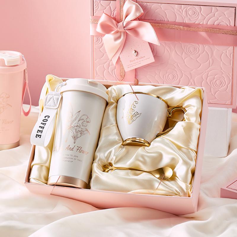316 Stain Steel Thermos Cups 500ml Coffee Mug with Spoon Set of 3, Floral Ceramic Mug Gift Box for Birthday Wedding Christmas Valentine's Day