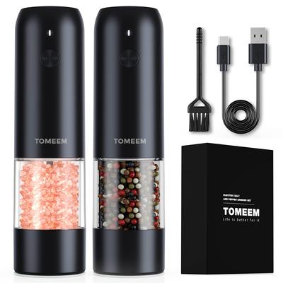 TOMEEM Електричний млин для перцю, USB-акумуляторний набір млинів для солі та перцю, Млин для солі для кам'яної солі, перцю, спецій, Світлодіодне підсвічування, Регульована грубість помелу, Набір