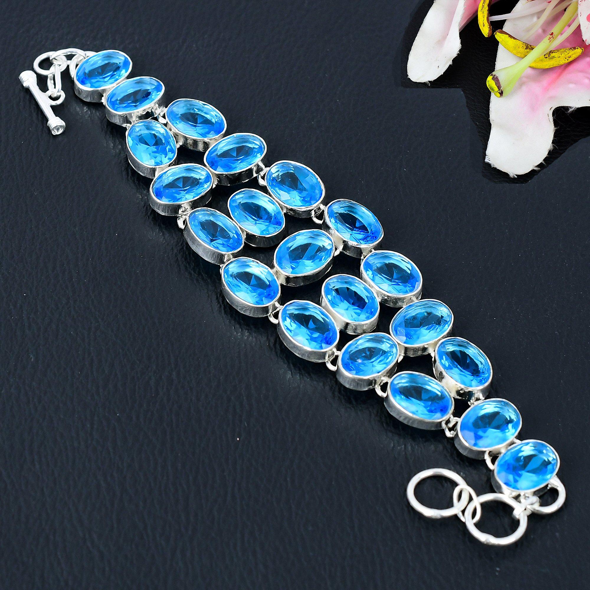 

Swiss Blue Topaz Gemstone Handmade 925 Sterling Silver Bracelet 7-8 KG-374