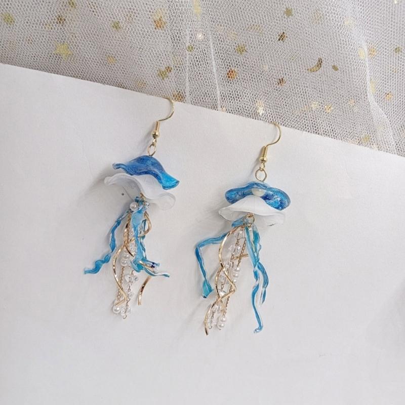 Handmade Elegant Blue Jellyfish Earrings Craft from Acrylic Materials for Casual Outings and Beach Vacations Daily Use