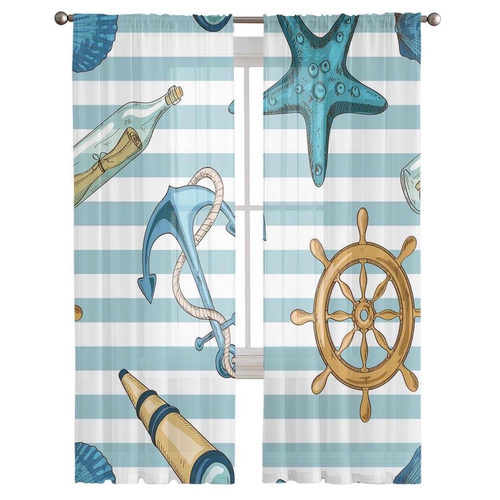 Anker Seestern Streifen Ruder Transparente Tüll Fenstervorhänge für Wohnzimmer Schlafzimmer Küche Schleier Vorhang Heimdekoration