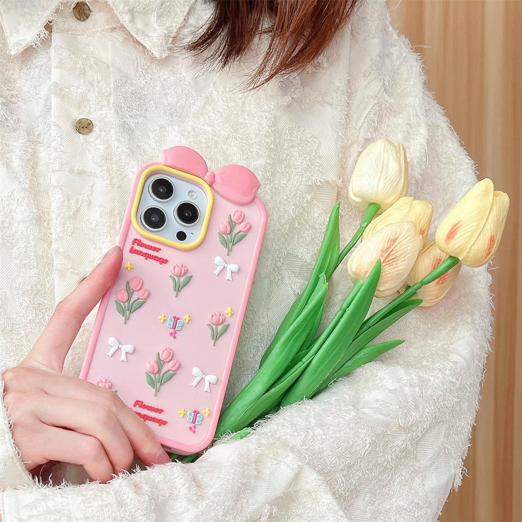 For iPhone 16 Pro Silicone Case Cute 3D Tulip Design Shockproof Phone Back Cover with Lanyard