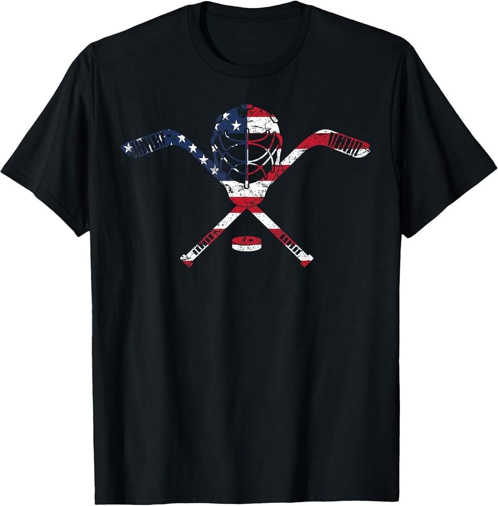 USA Flag Hockey Goalie Mask Stick Patriotic Unisex Tee S-3XL