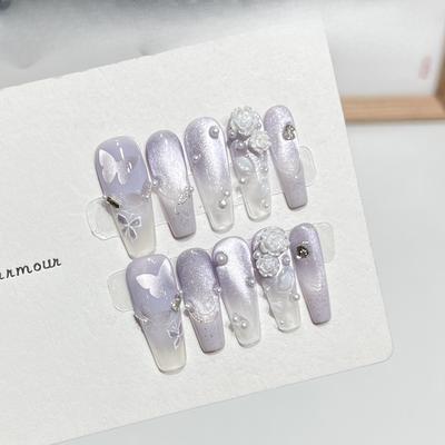 Purple Romantic French Wearing Armor Advanced Ambient Butterfly Manicure Highlight Cat Eye Fake Nail Patch Removable