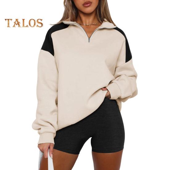 

Весна Осень Женская толстовка Отложной воротник Длинные рукава Свободный полумолния Контрастный цвет Уличный стиль Топ средней длины L абрикосовый