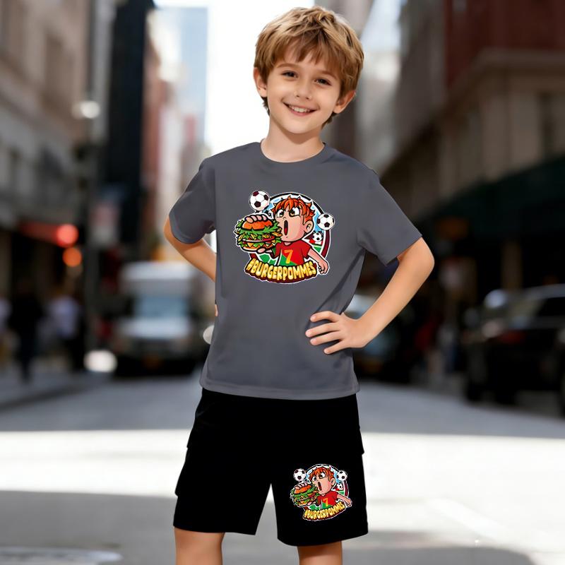Boys 2 Piece Hamburger and Fries Print Outfit, Short Sleeve T-Shirt and Shorts Set for Kids Age 5-14, Black and White Sporty Casual Summer Clothes