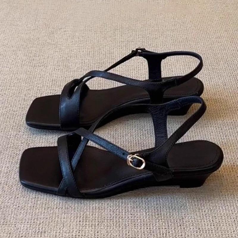 Fashion New Wedge Sandals Summer Outward Wear Square Toe Open Toe Crossover Thin Strap Buckle Temperament Not Tired Feet Roman Shoes