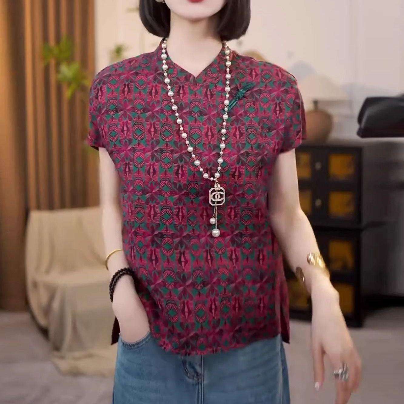 

Летняя тонкая жаккардовая футболка с воротником-стойкой и накладкой в ретро-стиле, женский летний новый топ 3XL (138-75kg recommended)