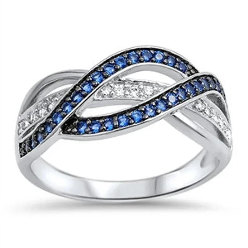 

New Trendy Blue/White Paved CZ Twist Rings Women Daily Wear Fashion Versatile Lady Anniversary Gift for Mom Hot Zircon 6