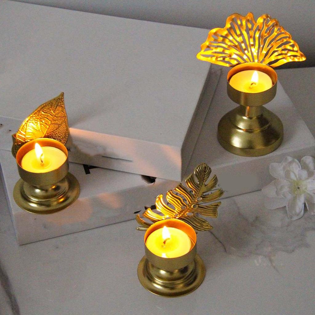 Golden Iron Tealight Candle Holder for Elegant Dining Room and Weddings Centerpieces Metal Leaf Shape Candlestick Stand