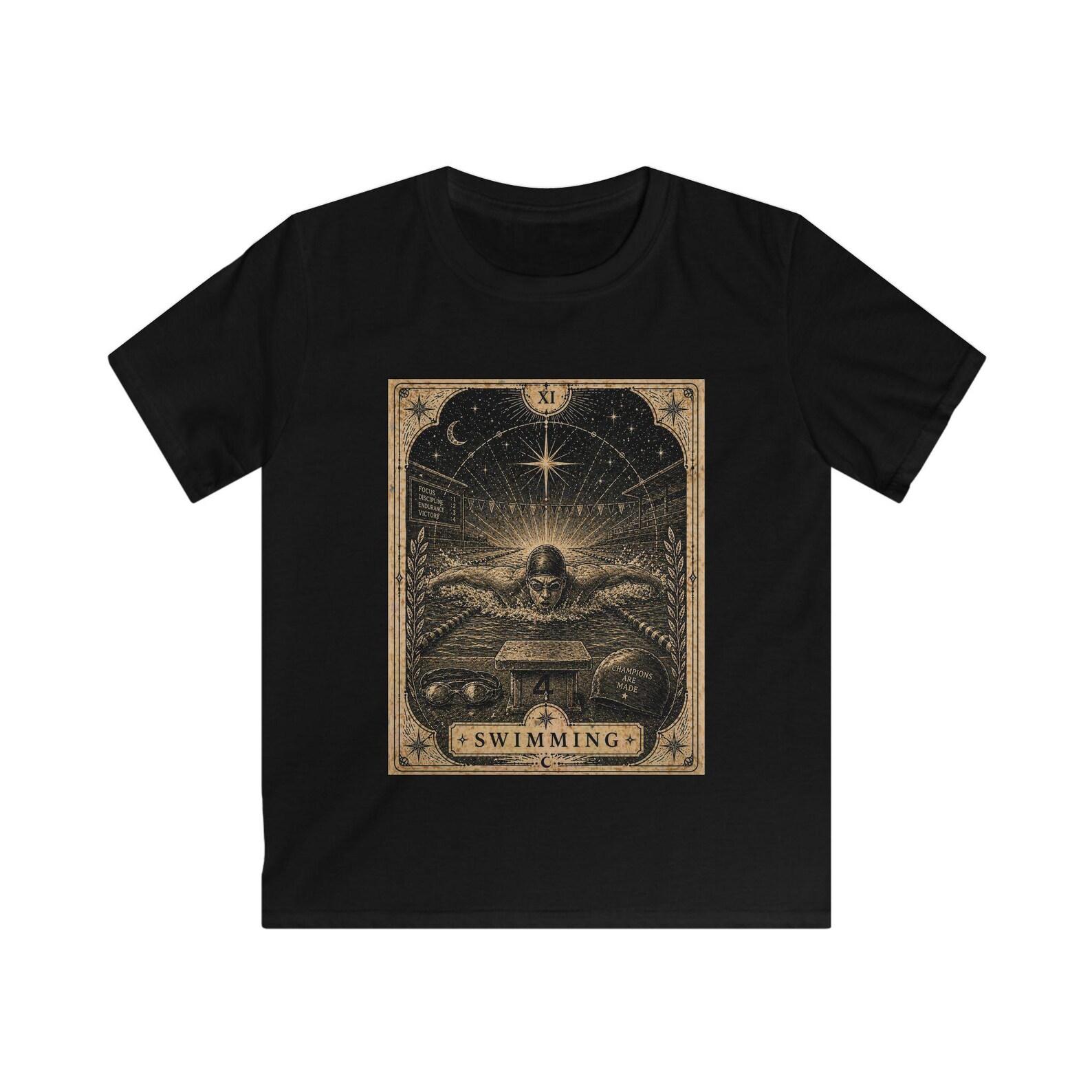 Vintage Tarot Swimmer Kids Tee | Mystic Night Sky Illustration 150