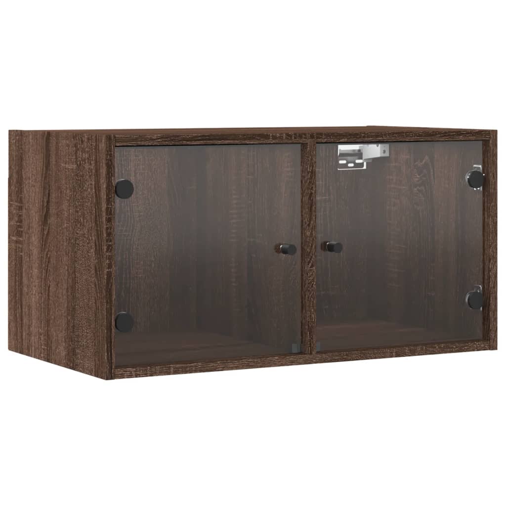Wall Cabinets with Glass Doors Set of 2 Brown Oak Effect