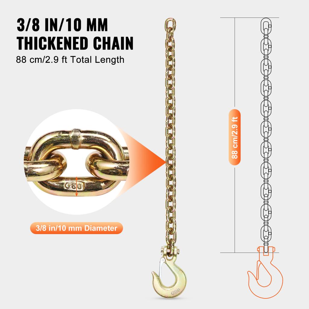 SucceBuy 2pcs G80 Transport Binder Chain 7100 lbs Tow Chain with Clevis Snap Hook Logging for Towing Truck Tie Down Binding