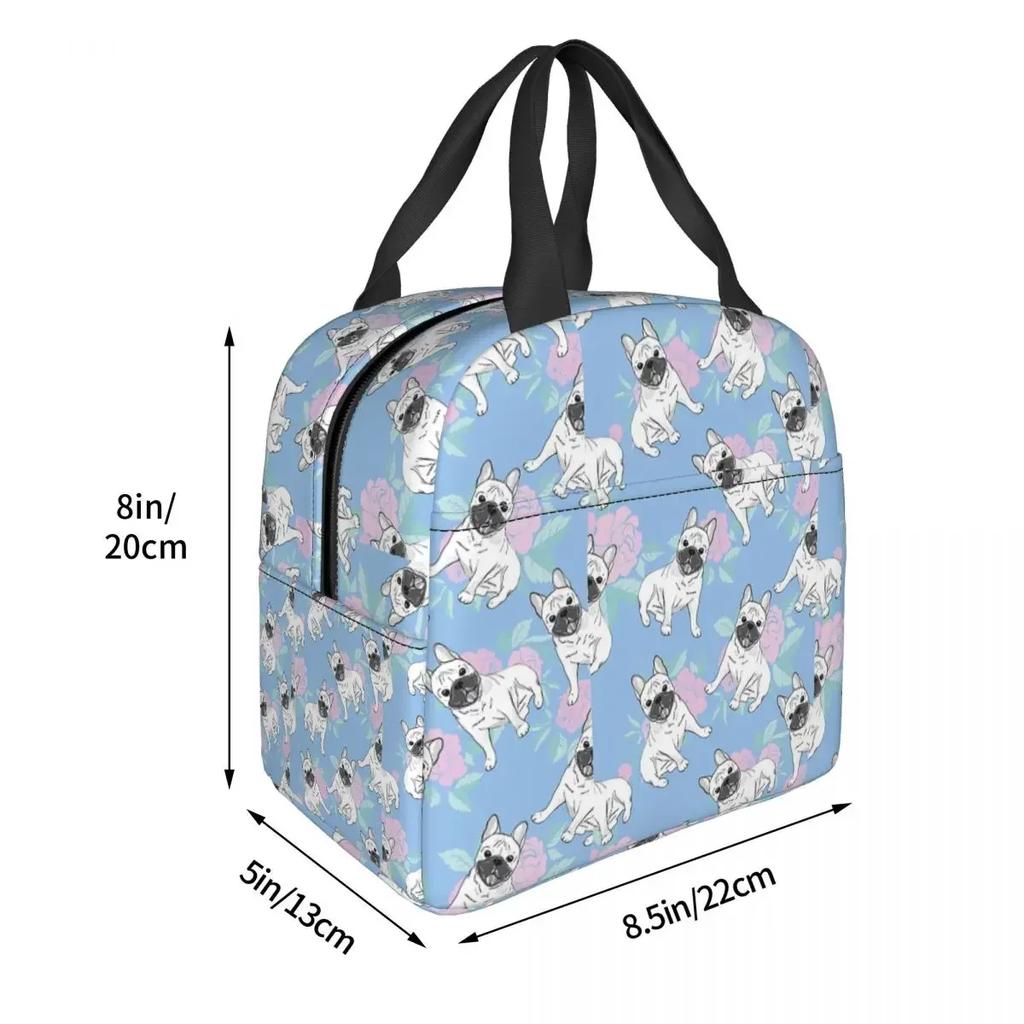 Dog And Rose Flowers Insulated Lunch Bag French Bulldog Women Kids Cooler  Thermal Portable  Box Ice Pack Tote