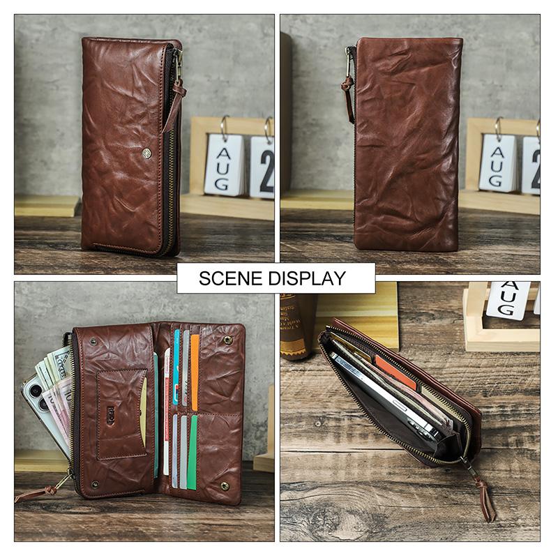 CONTACT'S Leather Wallet Men Retro Casual Natural Card Holder Coin Purse Male Travel Business Gift Long Wallet