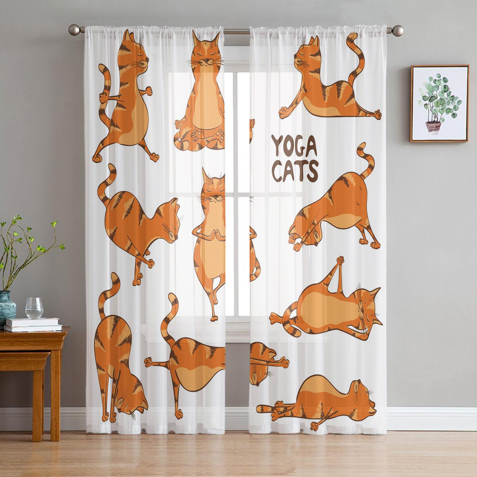 Забавные тюлевые прозрачные оконные шторы с забавными кошками для гостиной — фото 18