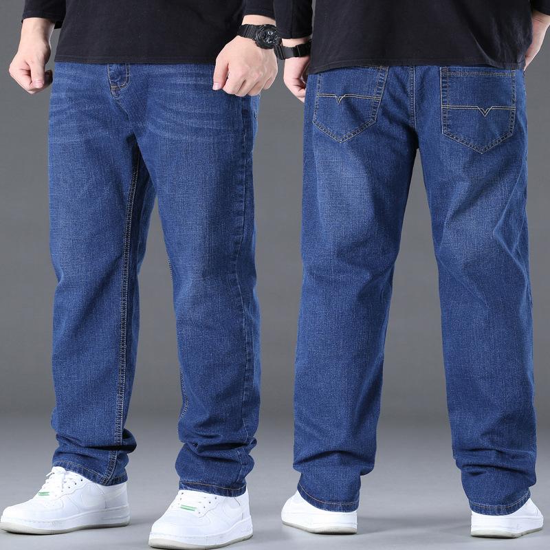 Spring/Summer Loose Fit Plus Size Straight Leg Jeans for Men Hard-Wearing Washed Wide-Leg Trousers