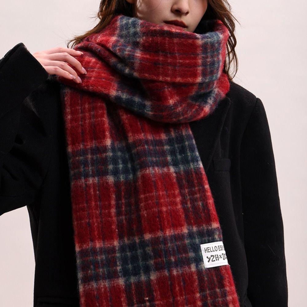 Mohair Plaid Wool Scarf Tassel Long Shawl Retro Winter Cashmere Scarves  Student