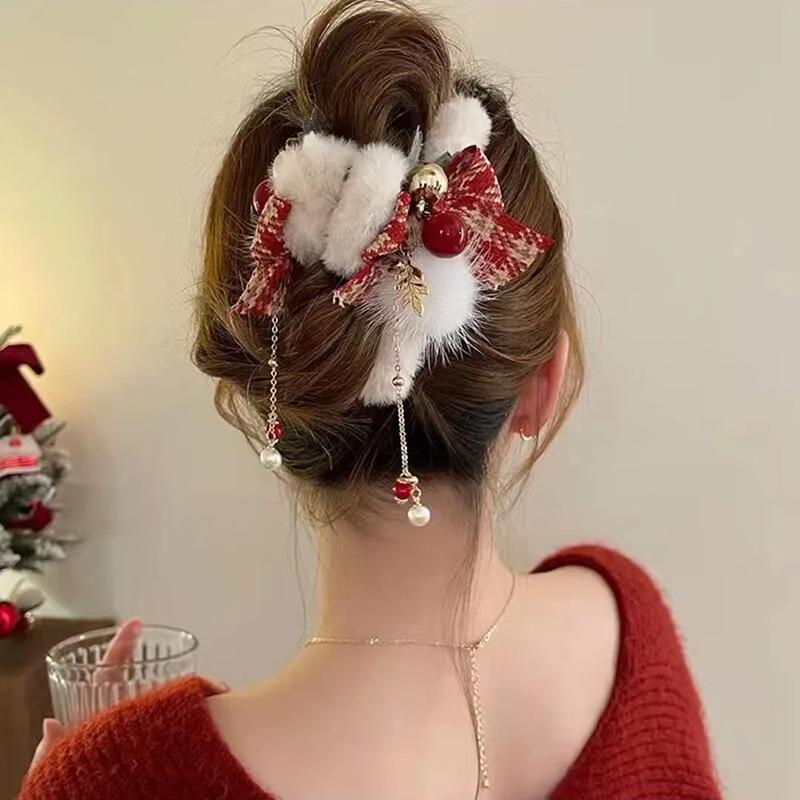 Weihnachts-Haarspange mit Glockenquaste und Plüschapplikation für Damen, ideal für Hochsteckfrisuren