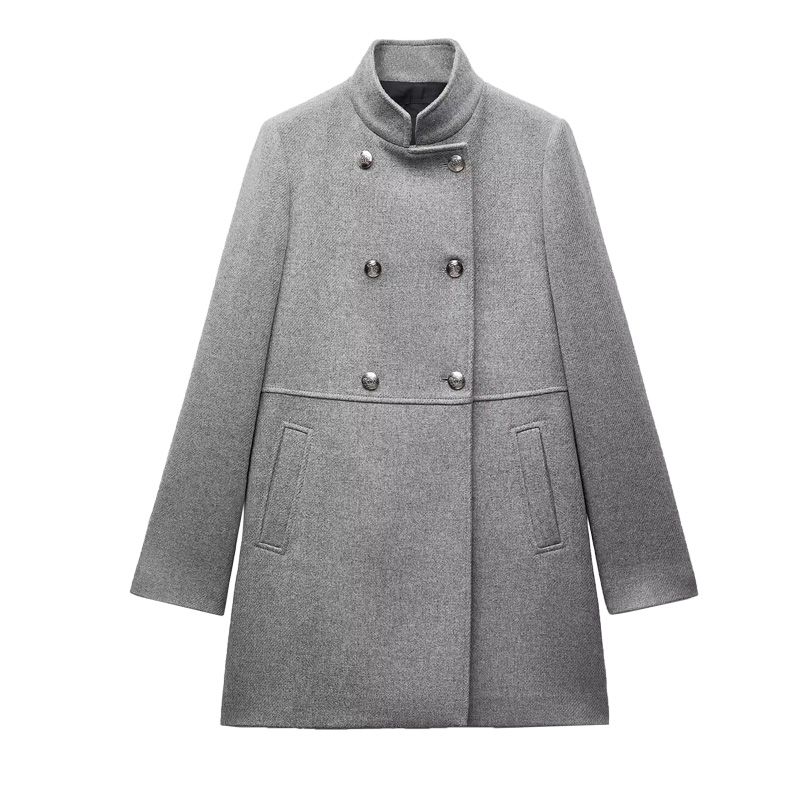 Fall and Winter New Women's Clothing Gold Button Decoration Wool Blend Double Breasted Stand Collar Coat Outwear 9037141