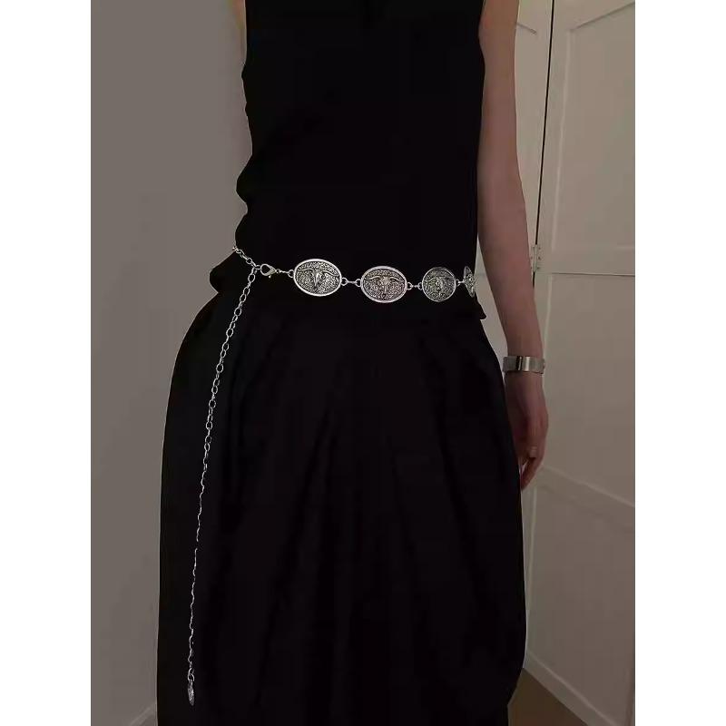 Retro Haute Design Sense Metal Waist Chain Women'S Niche Design With Fashion Tide Oval Bullhead Ethnic Style Belt Women