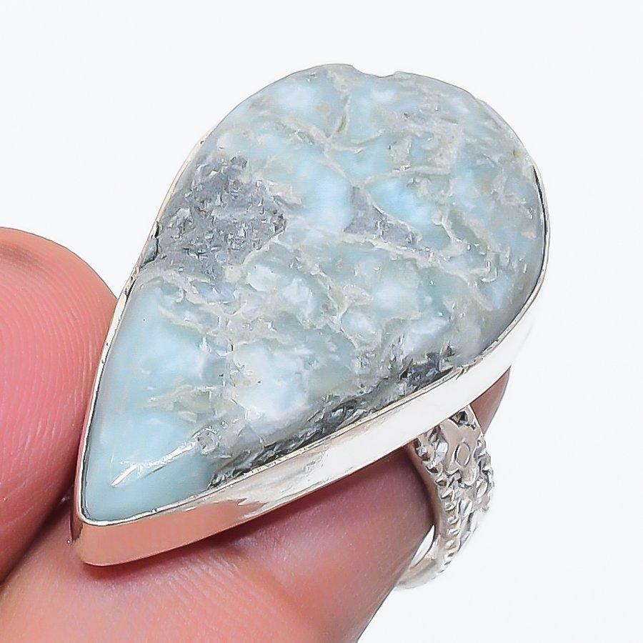 Natural Larimar Gemstone Handmade 925 Sterling Silver Jewelry Ring Size 6.5 n8Y90