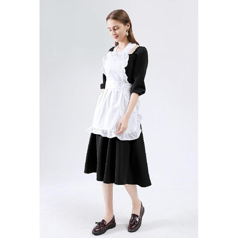 Women's Ruffle Outline Retro Apron Kitchen Cake Baking Cooking Cleaning Maid Costume (White)