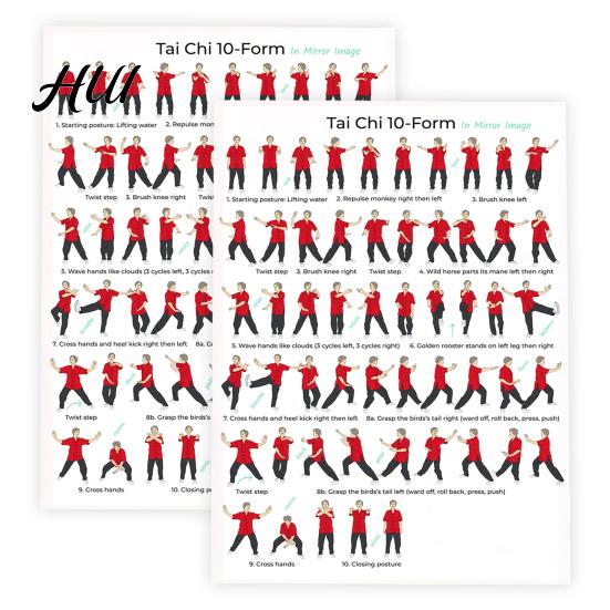Tai Chi Beginner Routine 2Pcs Exercise Chart, 10 Form Mirror Image Poster, Move Self-study Guide for Beginners Seniors, Training Reference Wall 2pcs