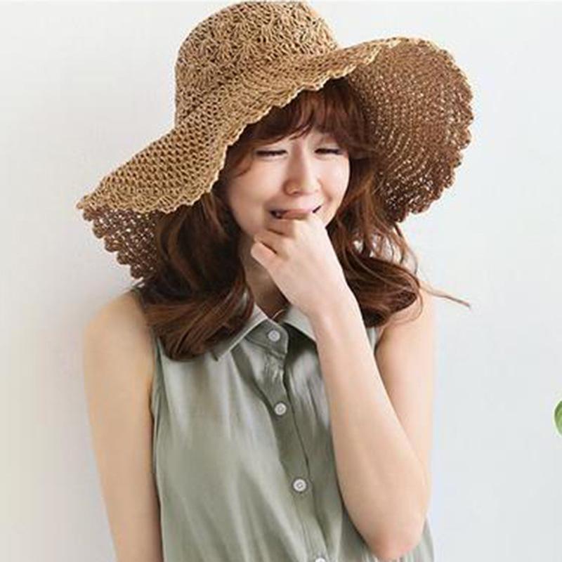 Women's Summer Korean Style Hand Crocheted Straw Hat Fashionable Simple Woven Hollow Out Wide Brim Hat Casual Vacation Beach Hat