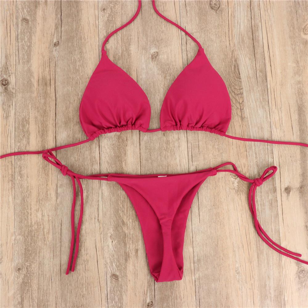 Women's Swimwear Solid Color Bikini Set Halter Sexy Thong Brazilian Beachwear Bathing Suits