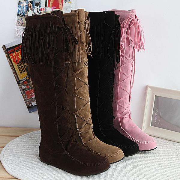 WISH Women's Boots Fringed High Boots Women's Shoes Lace-up Round Head Flat Heel Knee Length Single Boots Women's Shoes