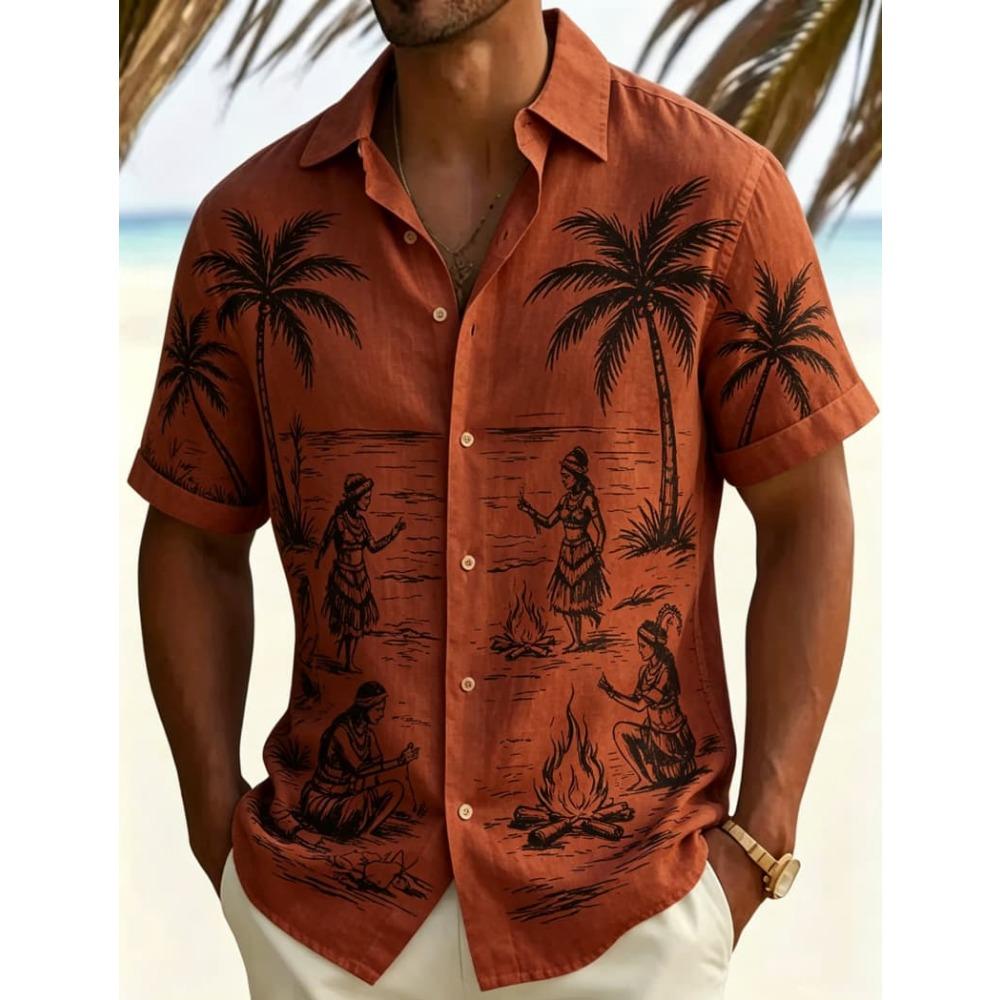Heren Retro Hawaïaanse Scène Vakantie Korte Mouwen Shirt, Voor Zomerkleding, Casual Activiteiten