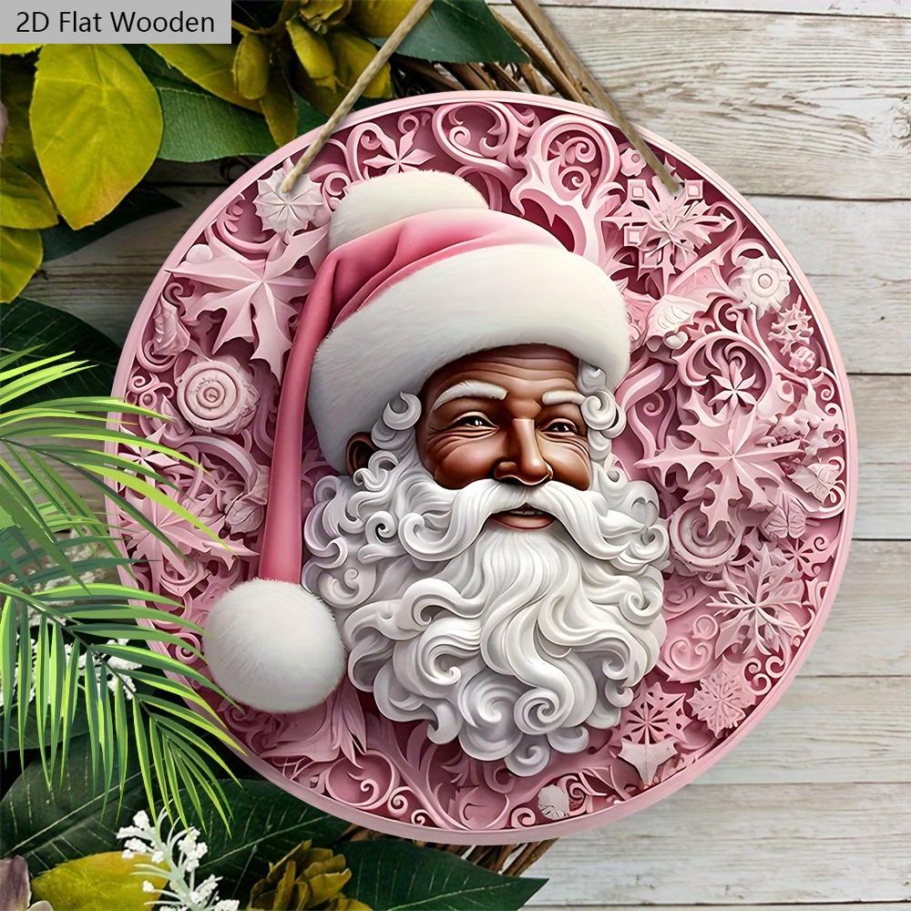 Pink Christmas Wooden Sign with Black Santa Claus Pattern - Navidad Round Sign for Door Wall Hanging Decor - Ideal Christmas Decoration